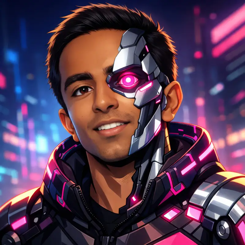 My netrunner avatar: me with half my face as a cyborg, one glowing magenta eye, and a neon city behind me.